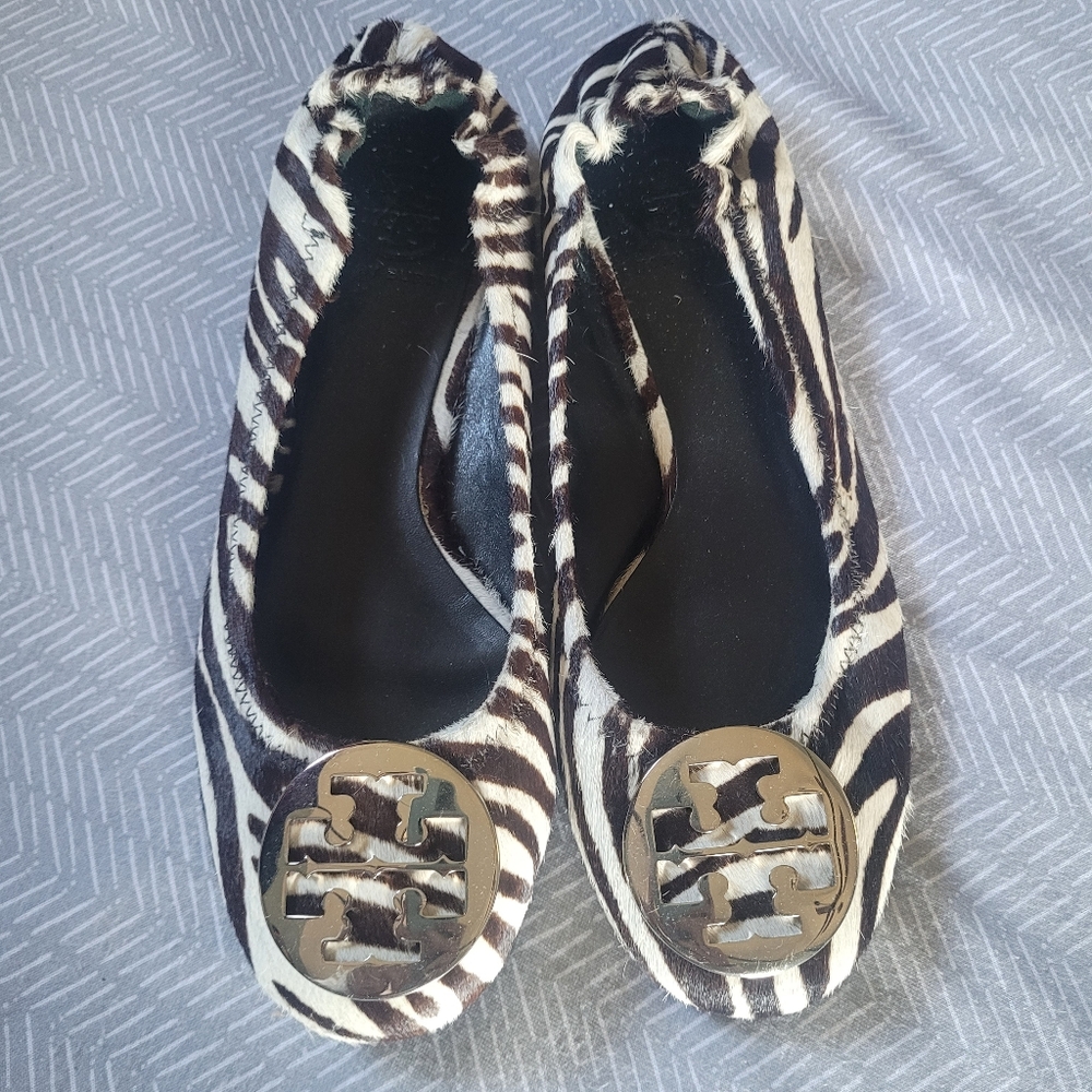 Tory Burch Zebra Print Flats with Gold Logo